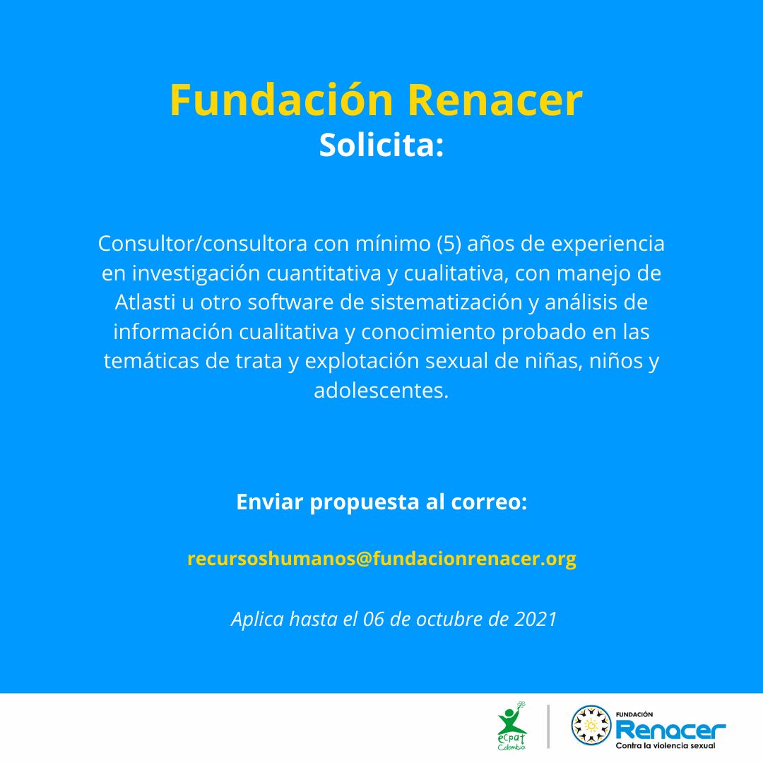 Convocatoria: Consultoría para investigación sobre explotación sexual comercial de niñas, niños y adolescentes.